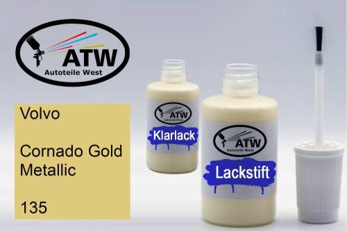Volvo, Cornado Gold Metallic, 135: 20ml Lackstift + 20ml Klarlack - Set, von ATW Autoteile West.